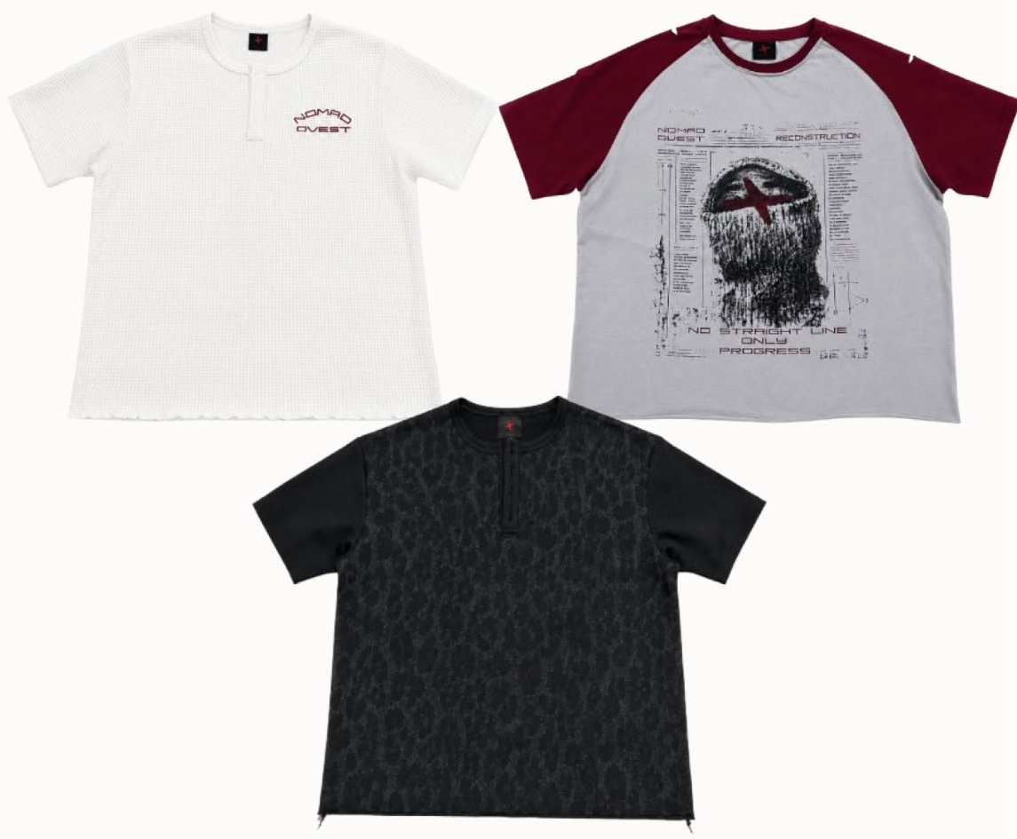 Drop 002 « Reconstruction » de NOMAD OVEST : trois t-shirts, un henley gaufré blanc, un raglan gris et bordeaux à imprimé graphique, et un modèle noir texturé léopard